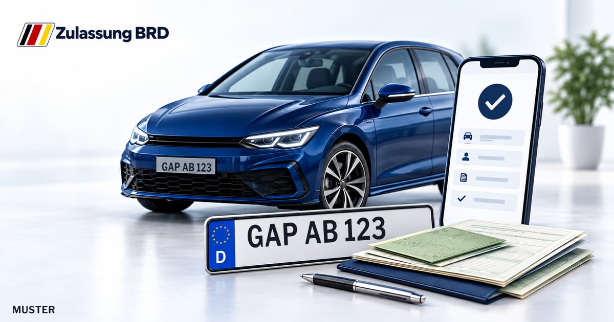 Online Fahrzeugzulassung in Murnau a.Staffelsee: Musterkennzeichen GAP AB 123, Auto und Fahrzeugpapiere und Smartphone. Illustration mit Logo von Zulassung BRD.